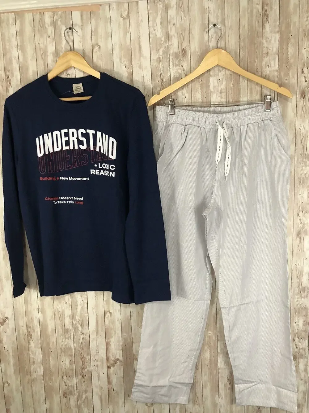 De Facto Pajama Set Mens Medium Sleep Set Lounge Pants Shirt Blue N90